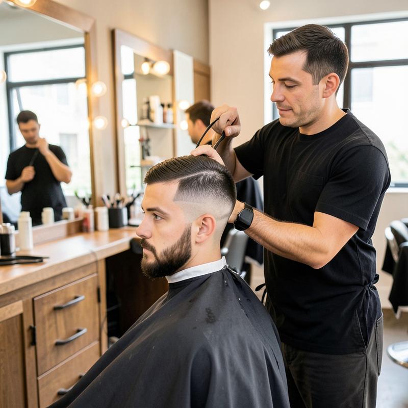 Barbeiro fazendo o corte de um cliente em sua barbearia