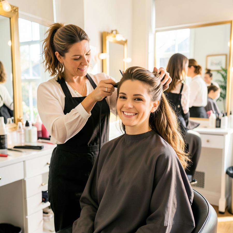 Cabeleireira fazendo escova em uma cliente no salão